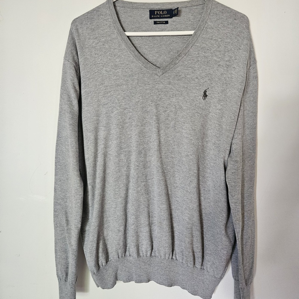 Polo Ralph Lauren Pima Cotton Knit V-Neck Grey Pony Pullover Sweater Mens L Gray